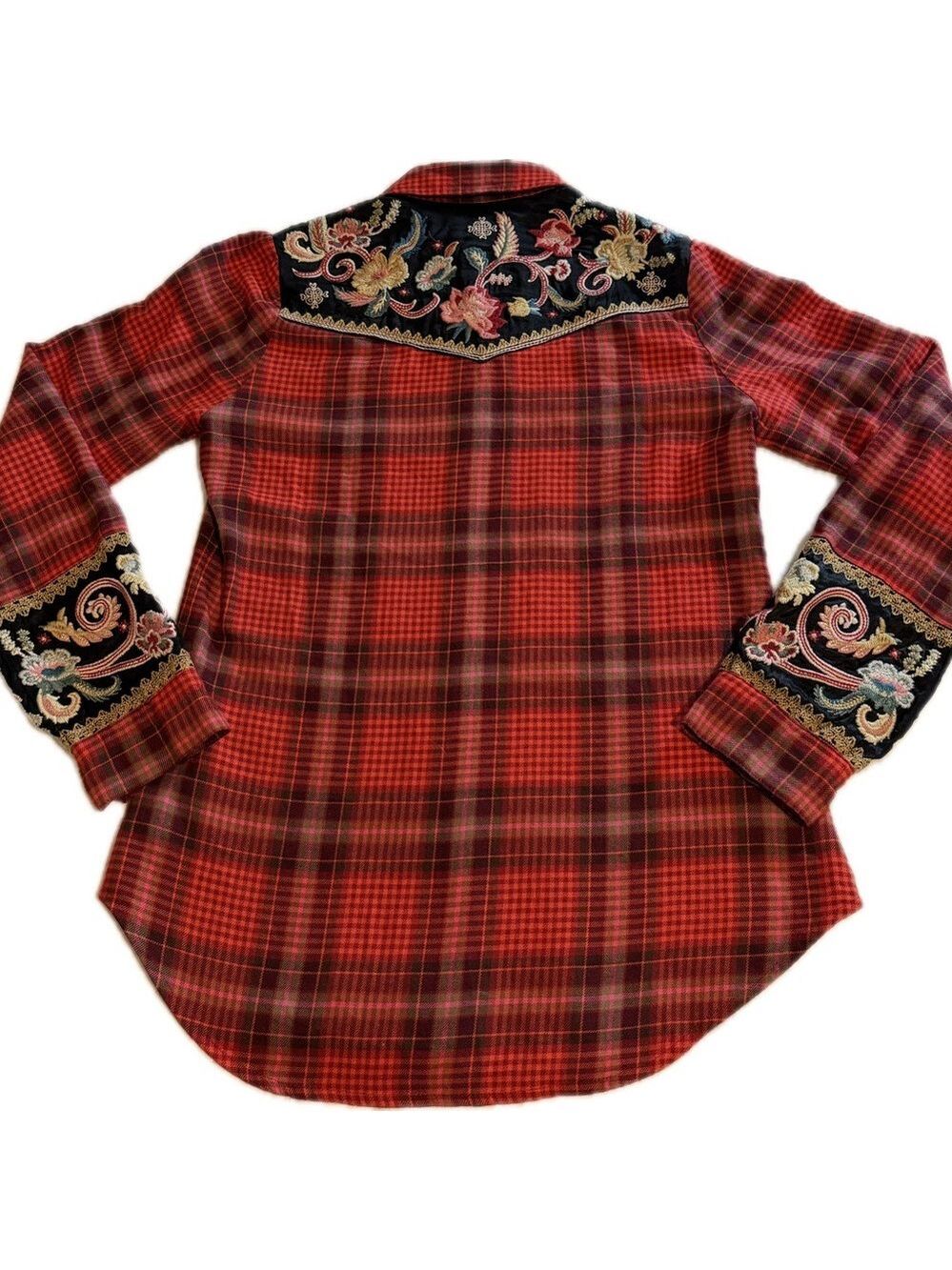 Johnny Was Esme Embroidered Western Pearlsnap Shirt Red Plaid Rodeo Women's XXS - Picture 10 of 14